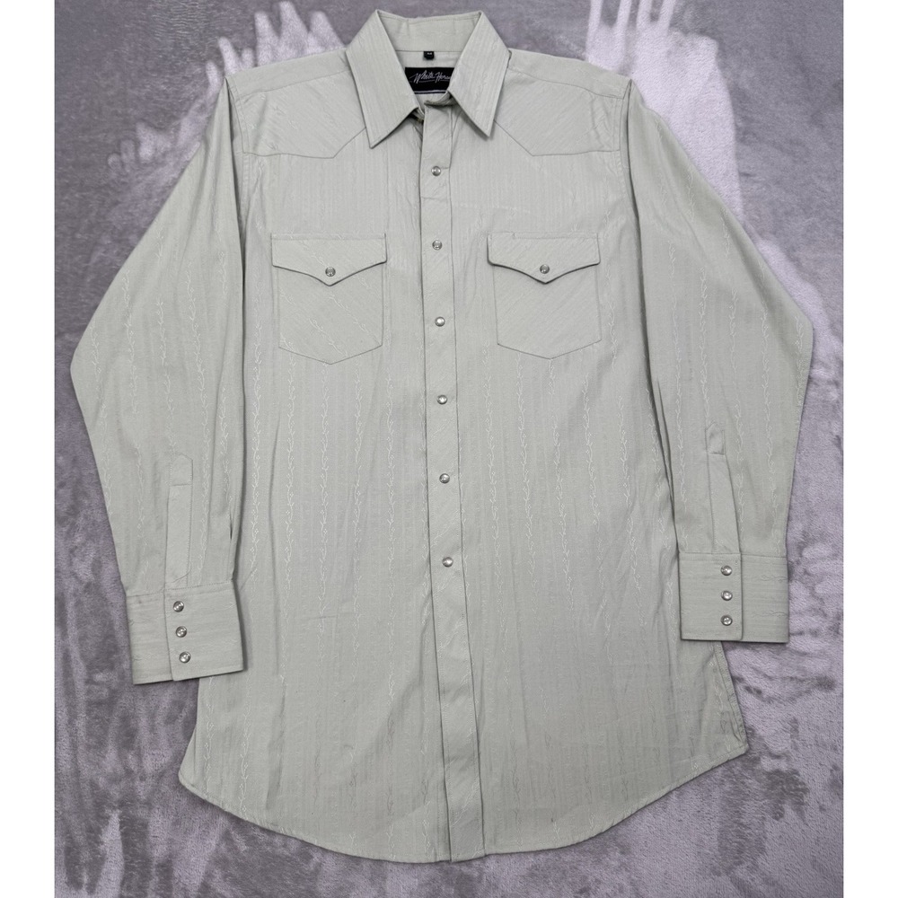 White Horse Pearl Snap Shirt Mens Medium Sage Green Long Western Vintage 90s Y2K